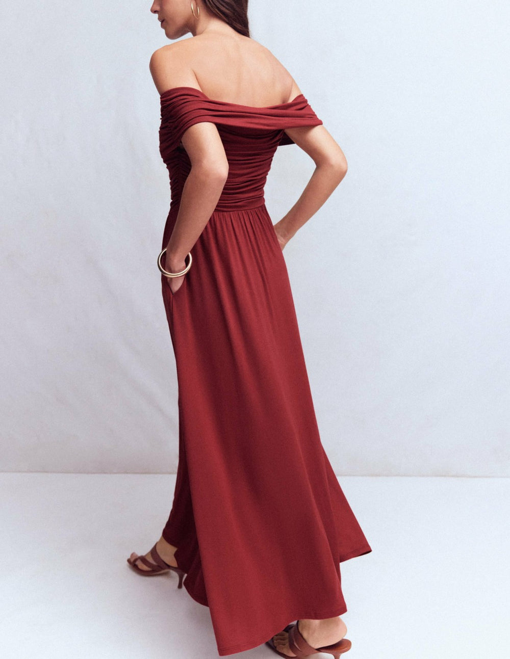 Ruched Bardot Jersey Dress-Burgundy / Boden us