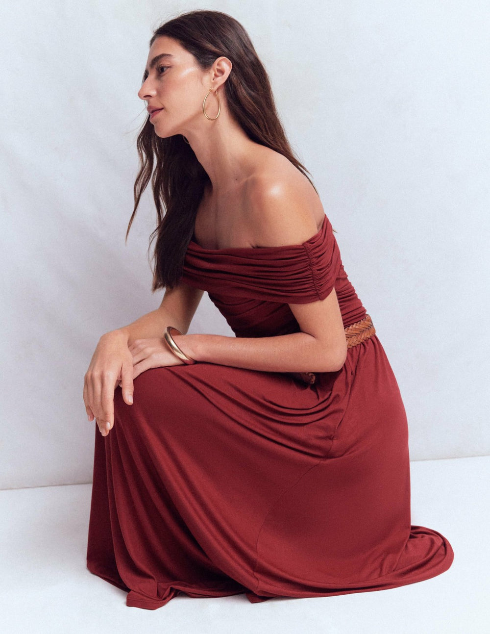 Ruched Bardot Jersey Dress-Burgundy / Boden us