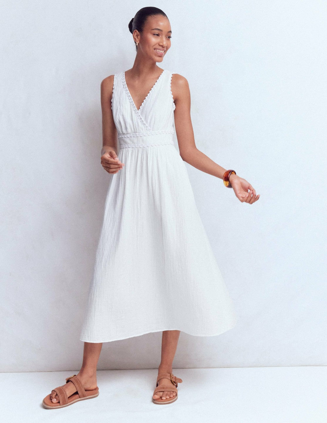 Lorna Trim Double Cloth Dress-White / Boden