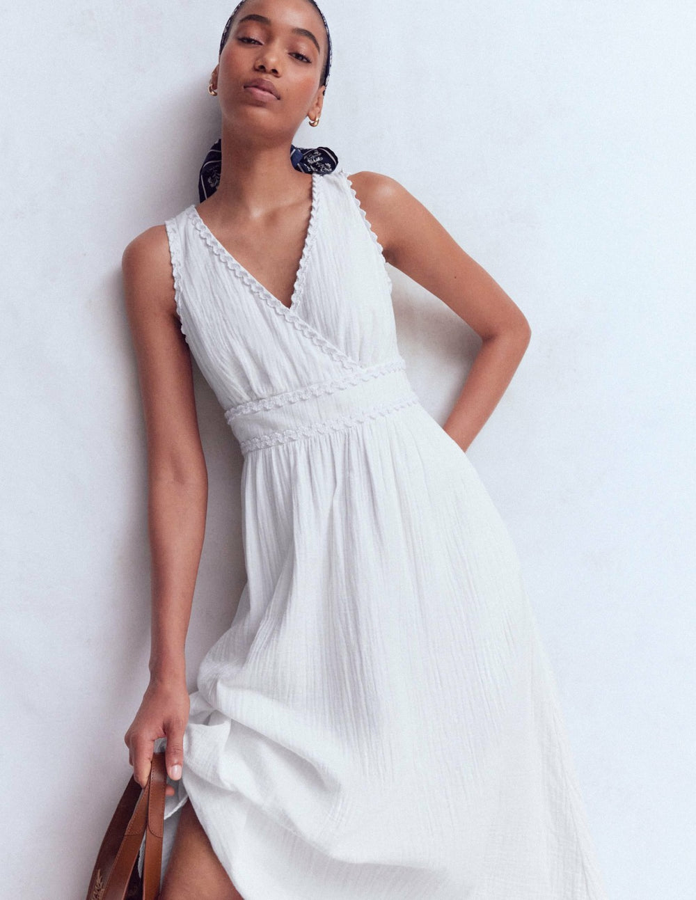 Lorna Trim Double Cloth Dress-White / Boden