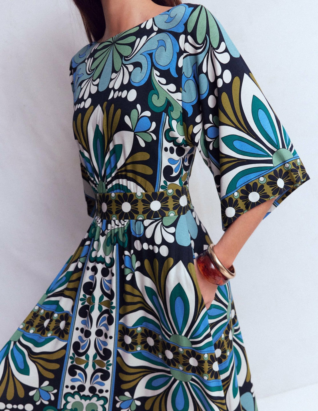 Imelda Kimono Jersey Dress-Navy, Bloom Tapestry / Boden Online