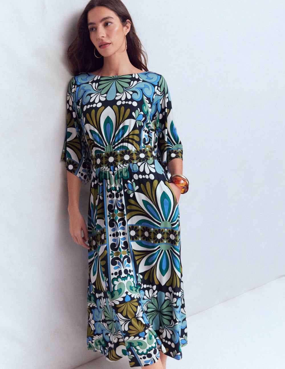 Imelda Kimono Jersey Dress-Navy, Bloom Tapestry / Boden Online