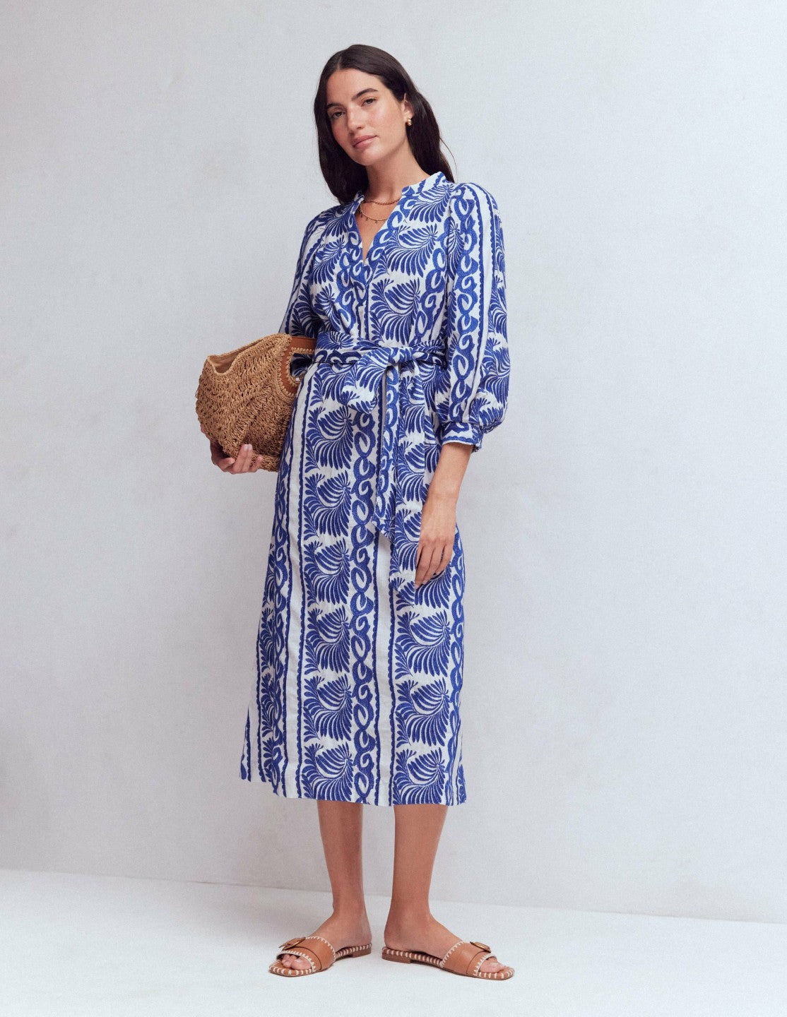 Octavia Cotton Dress-Blue Ivory Embroidery / Boden us
