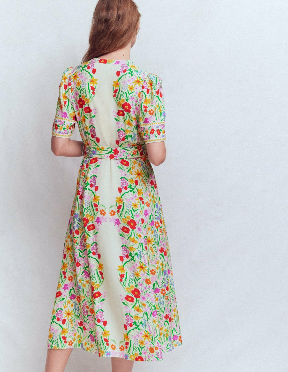 Kate Puff Sleeve Belted Dress-Ivory, Elegant Garden / Boden