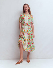 Kate Puff Sleeve Belted Dress-Ivory, Elegant Garden / Boden