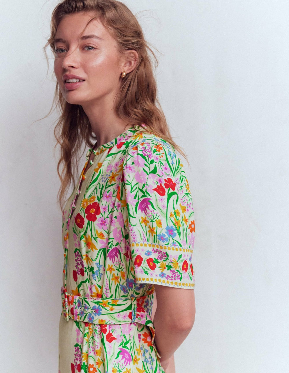 Kate Puff Sleeve Belted Dress-Ivory, Elegant Garden / Boden