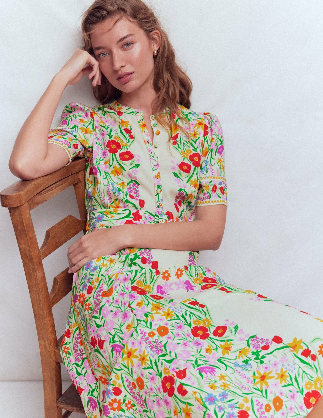 Kate Puff Sleeve Belted Dress-Ivory, Elegant Garden / Boden