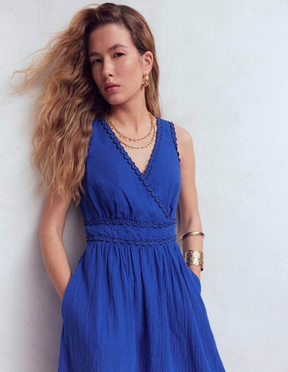 Lorna Trim Double Cloth Dress-Bright Blue / Boden On sale