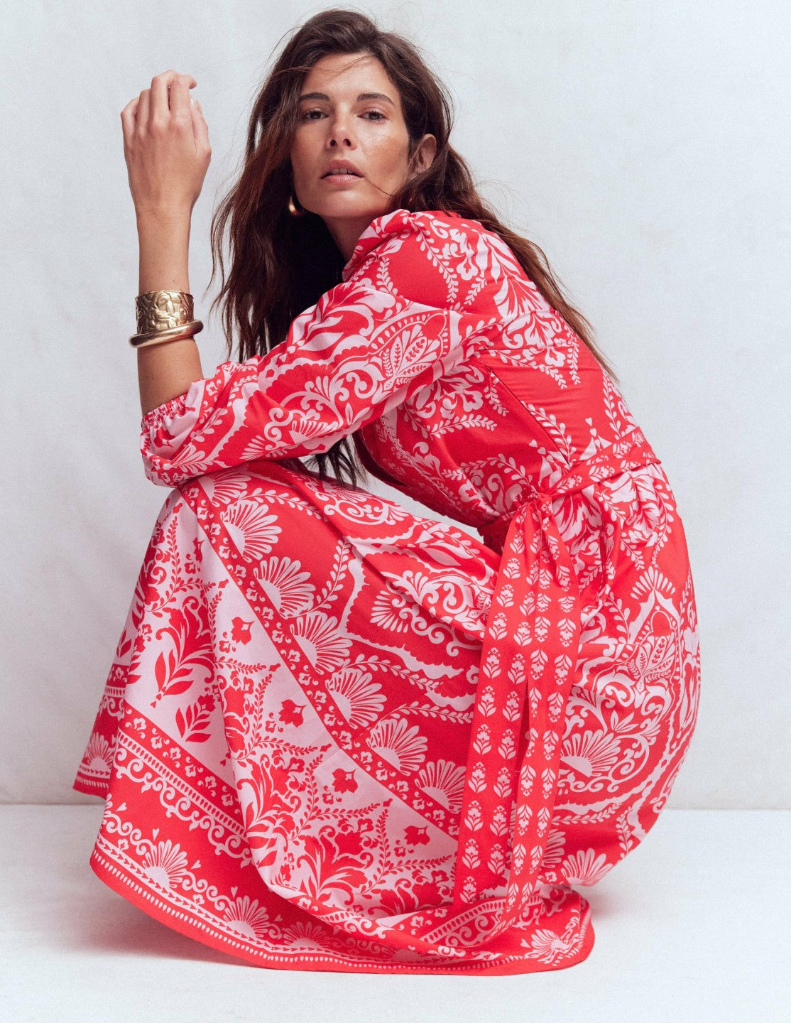 Cary Cotton Midi Dress-Red Ornamental Garden Mono / Boden Sale