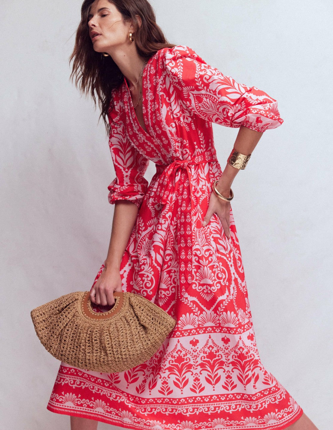 Cary Cotton Midi Dress-Red Ornamental Garden Mono / Boden Sale