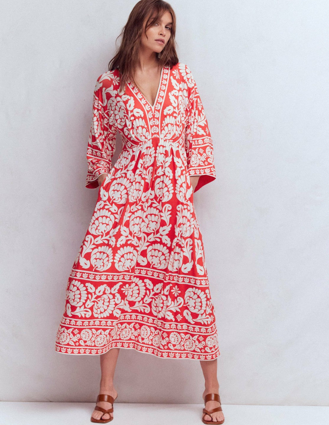 Nell Kimono Midi Jersey Dress-Bright Cherry, Ornate Floret / Boden Outlet