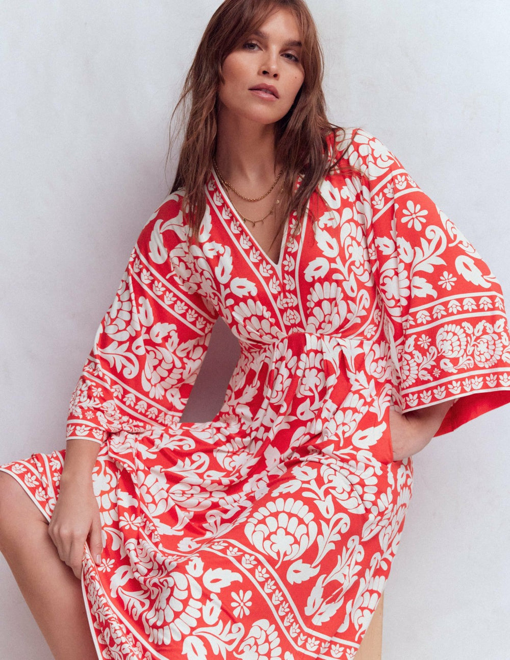 Nell Kimono Midi Jersey Dress-Bright Cherry, Ornate Floret / Boden Outlet