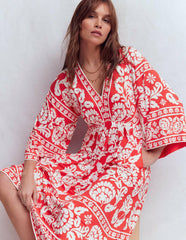 Nell Kimono Midi Jersey Dress-Bright Cherry, Ornate Floret / Boden Outlet