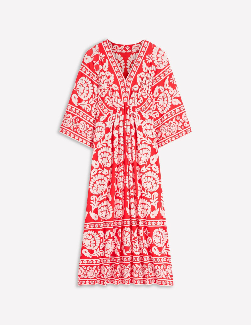 Nell Kimono Midi Jersey Dress-Bright Cherry, Ornate Floret / Boden Outlet