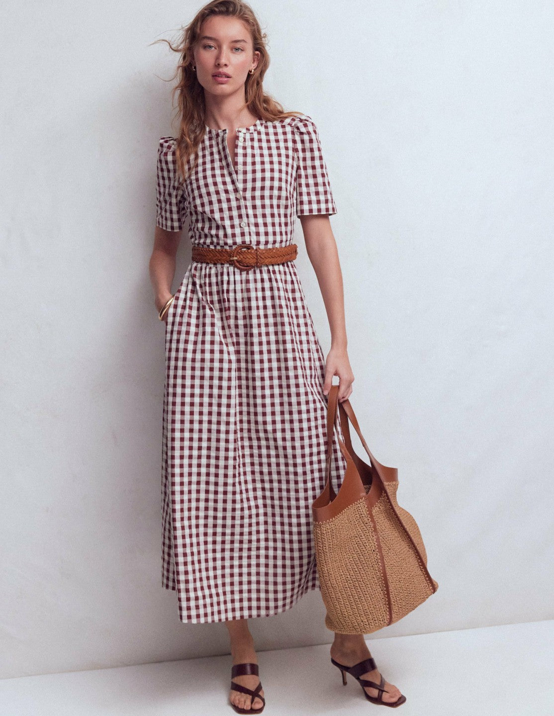 Ivy Placket Cotton Midi Dress-Gingham / Boden Discount