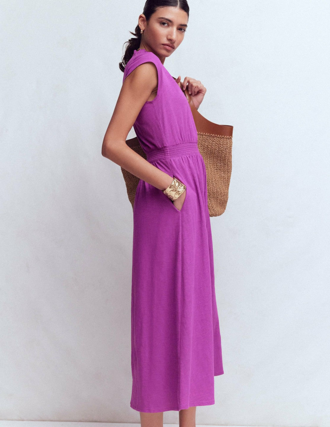 Alba Smocked Jersey Midi Dress-Damson / Boden On sale