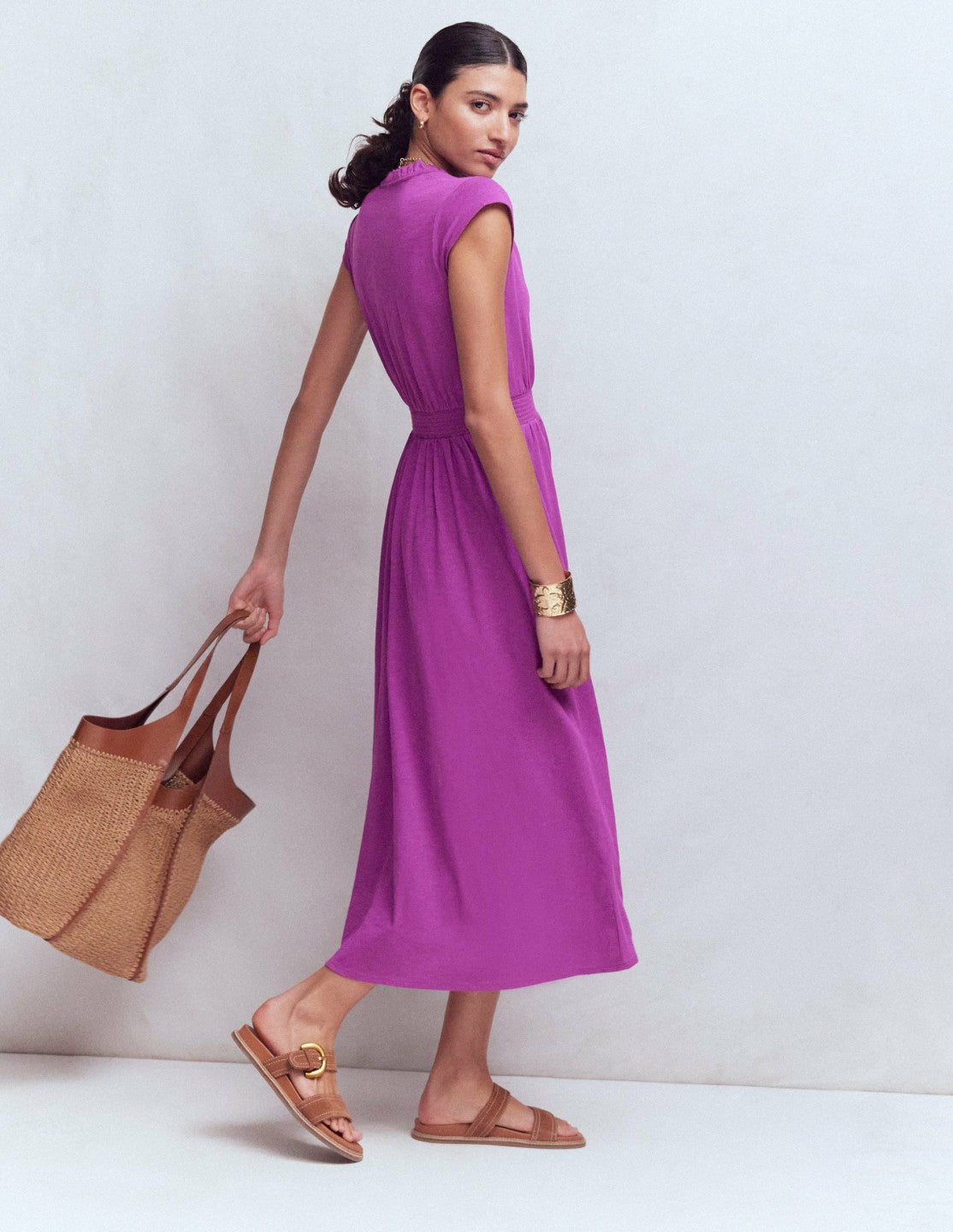 Alba Smocked Jersey Midi Dress-Damson / Boden On sale