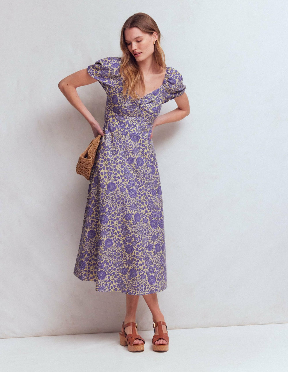 Twist Front Linen Blend Dress-Han Purple, Flowered Bloom / Boden us