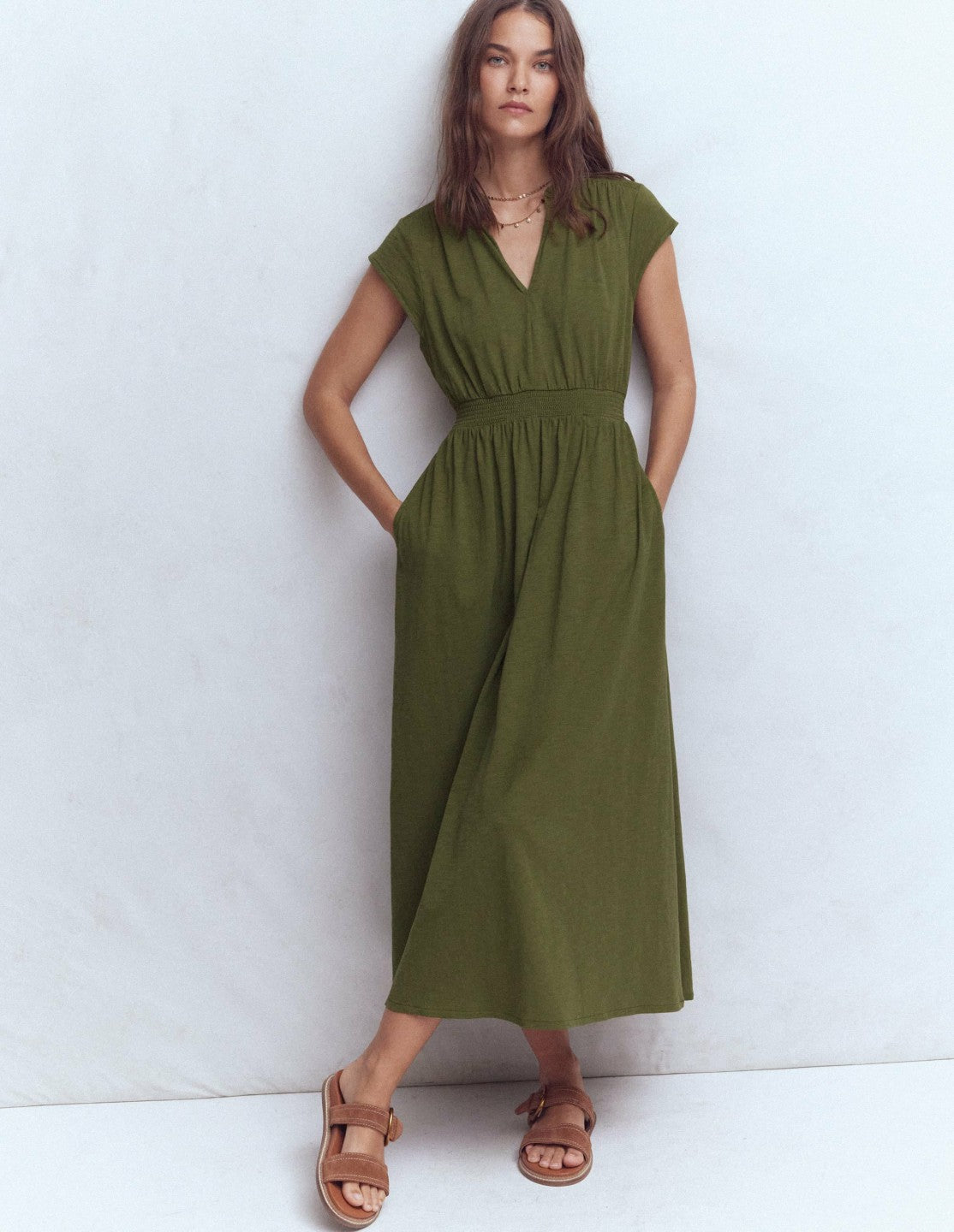 Alba Smocked Jersey Midi Dress-Olive / Boden Online