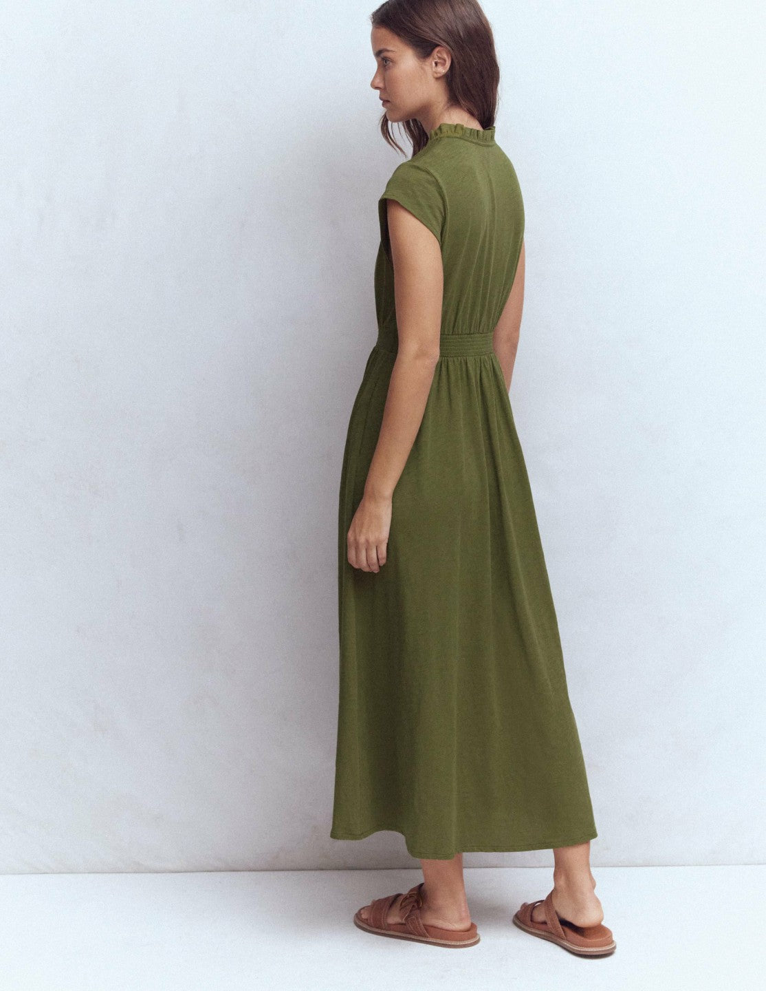 Alba Smocked Jersey Midi Dress-Olive / Boden Online