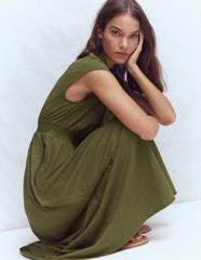 Alba Smocked Jersey Midi Dress-Olive / Boden Online