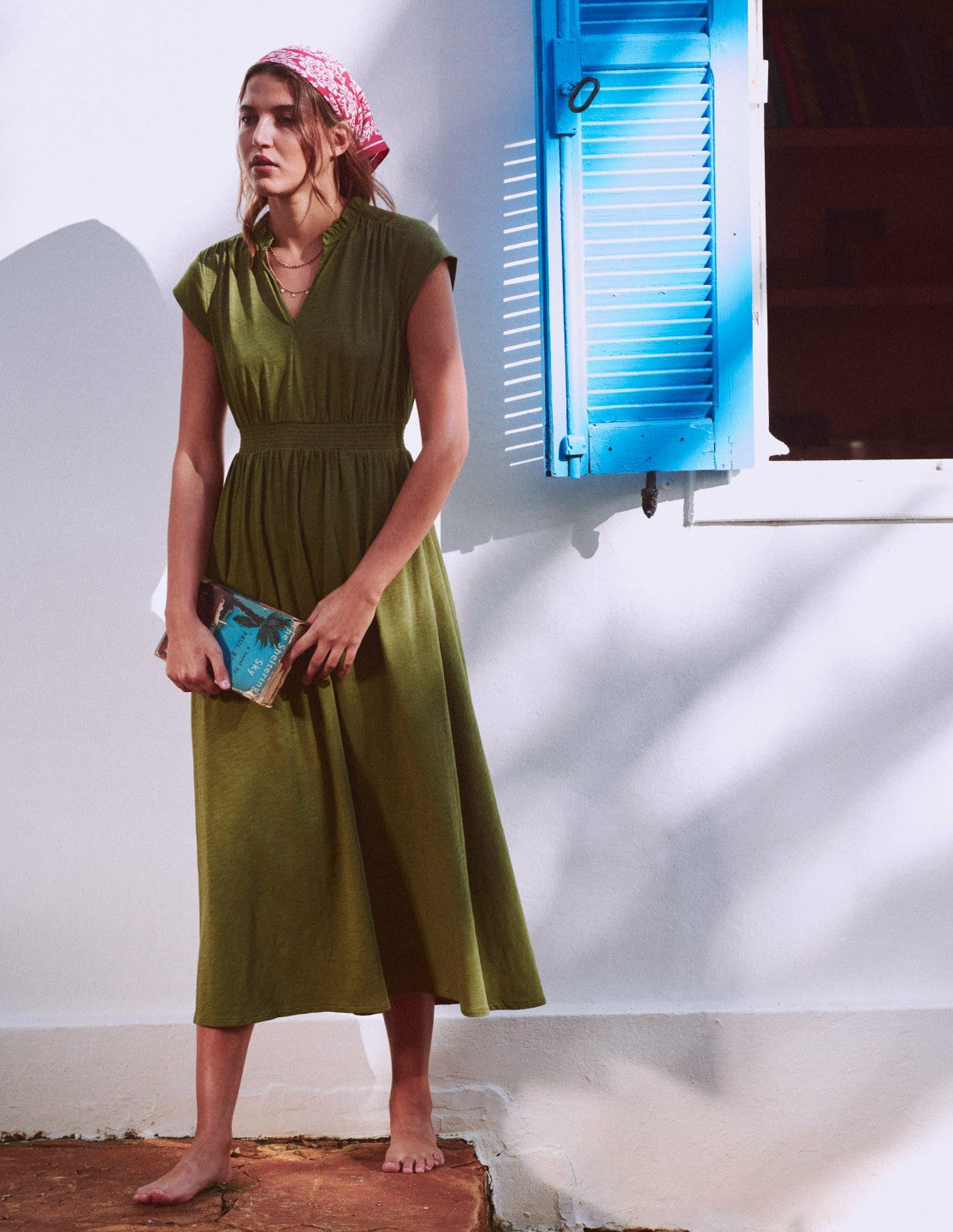 Alba Smocked Jersey Midi Dress-Olive / Boden Online
