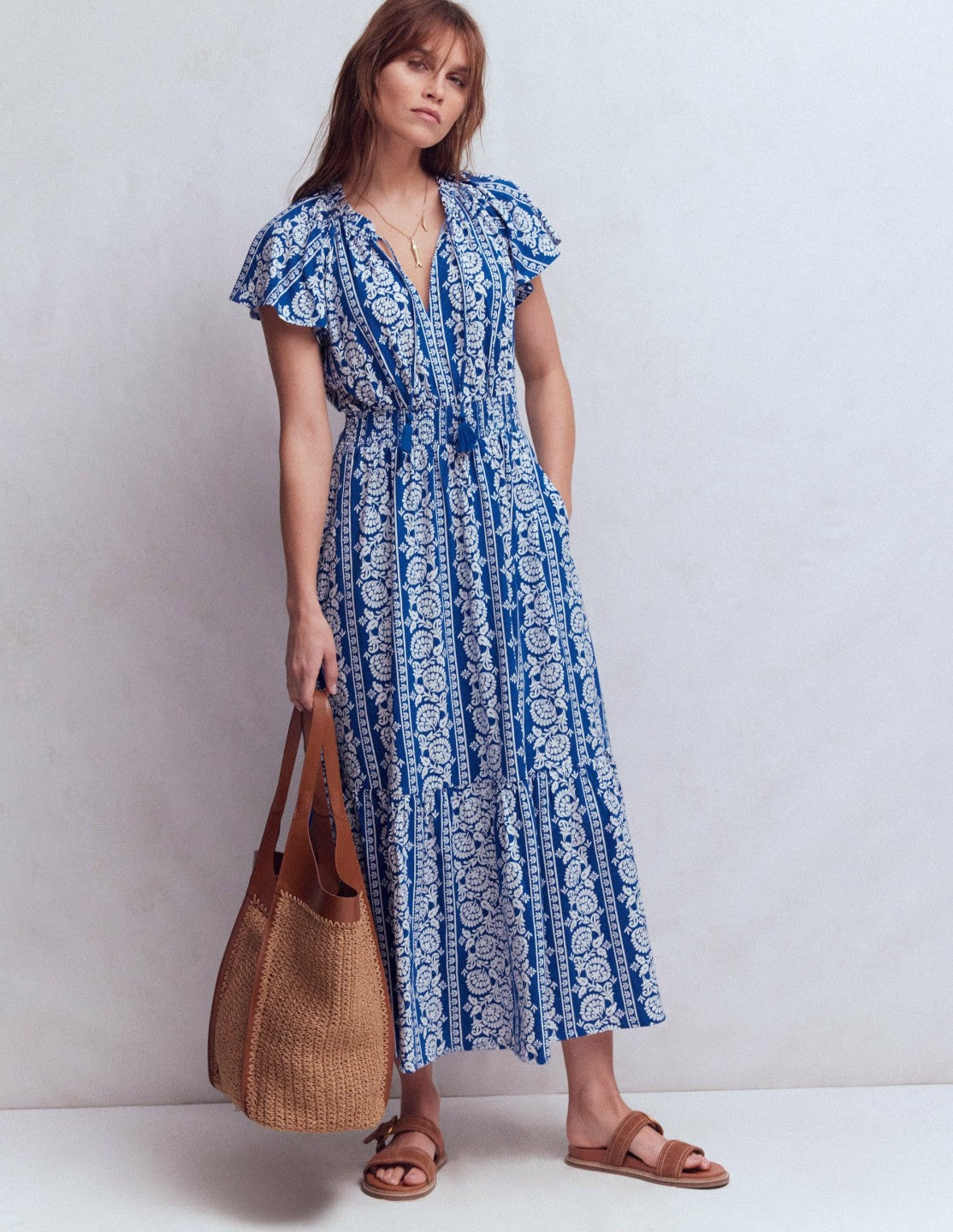 Tala Tiered Jersey Maxi Dress-Bright Blue, Ornate Floret / Boden
