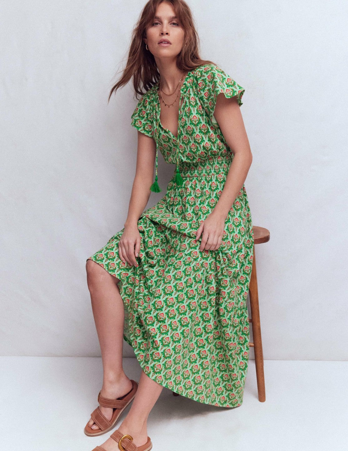 Tala Tiered Jersey Maxi Dress-Pistachio, Ornamental Stamp / Boden Outlet