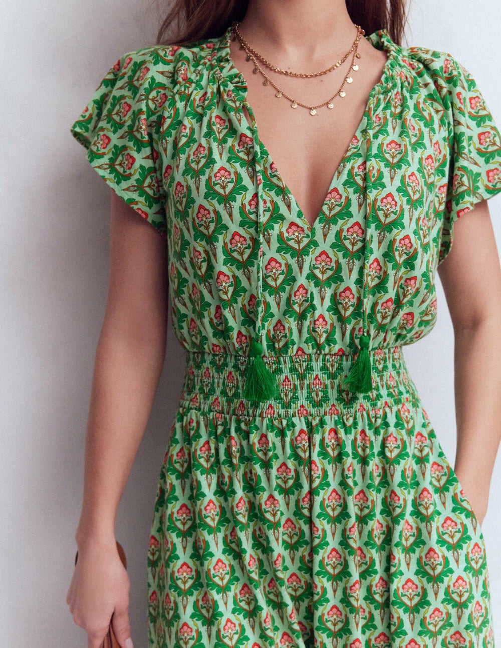 Tala Tiered Jersey Maxi Dress-Pistachio, Ornamental Stamp / Boden Outlet