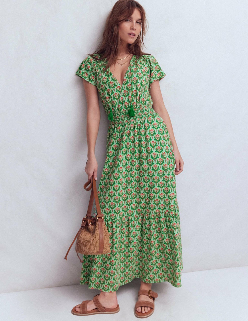 Tala Tiered Jersey Maxi Dress-Pistachio, Ornamental Stamp / Boden Outlet