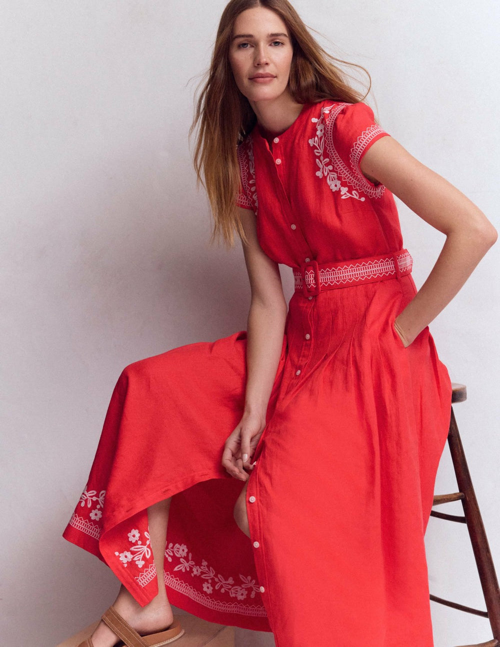 Arabella Linen Blend Dress-Red Embroidery / Boden Discount