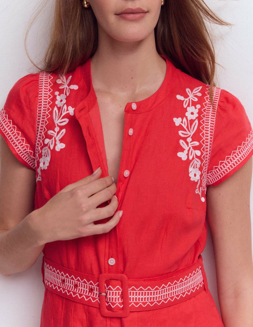 Arabella Linen Blend Dress-Red Embroidery / Boden Discount