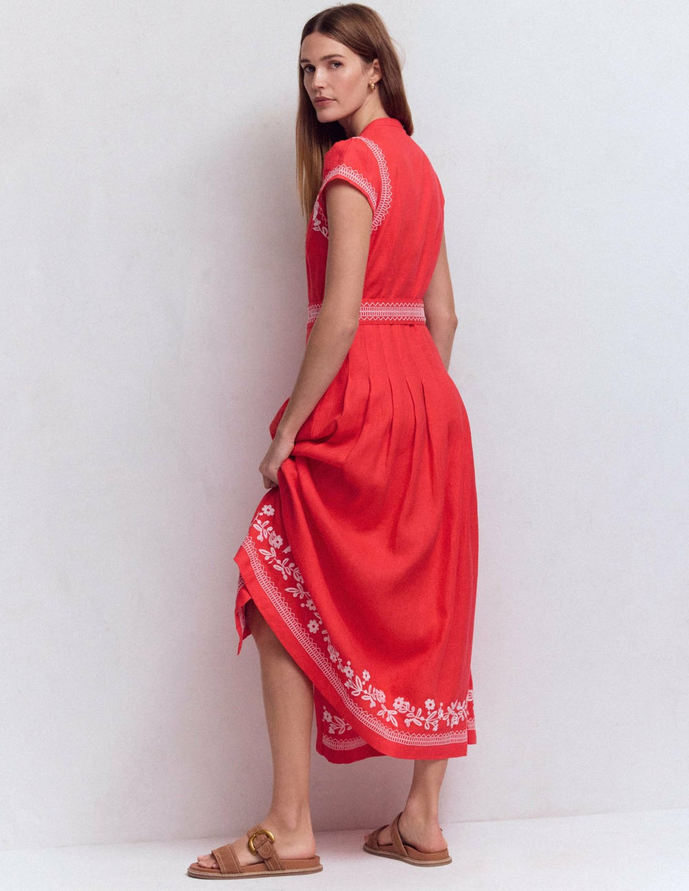 Arabella Linen Blend Dress-Red Embroidery / Boden Discount