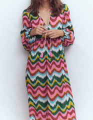 Boho Tie Neck Kaftan-Multi, Zig Zag Wave / Boden On sale