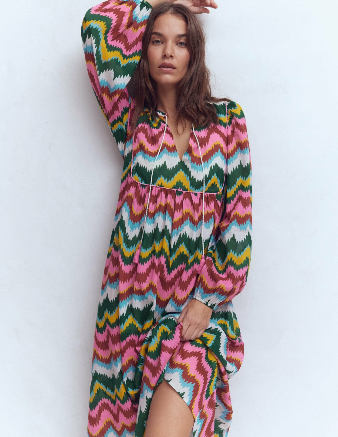 Boho Tie Neck Kaftan-Multi, Zig Zag Wave / Boden On sale
