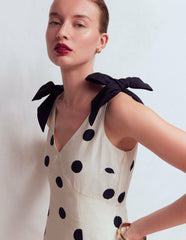 Bow Detail Linen Empire Dress-Ivory Painted Dot Spaced / Boden