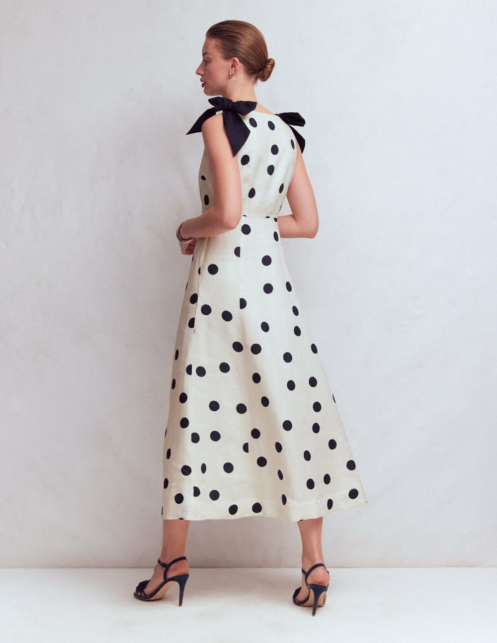 Bow Detail Linen Empire Dress-Ivory Painted Dot Spaced / Boden