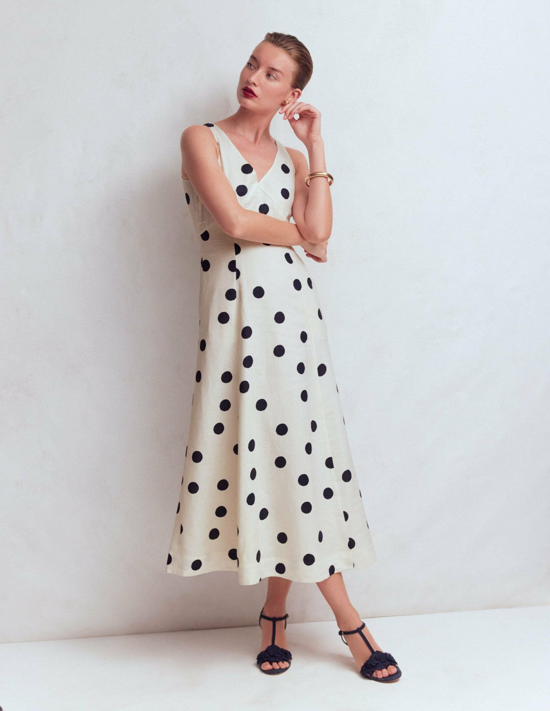 Bow Detail Linen Empire Dress-Ivory Painted Dot Spaced / Boden