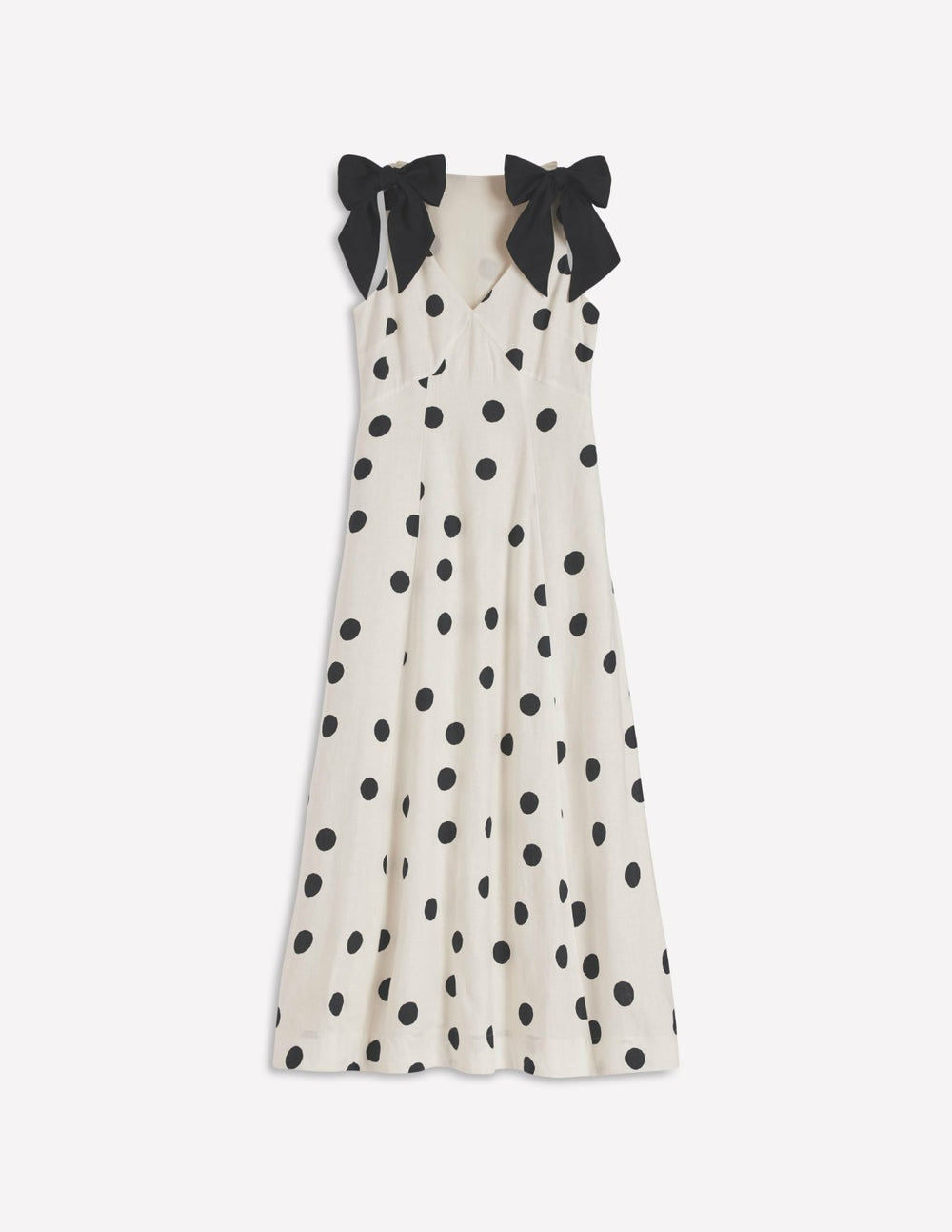 Bow Detail Linen Empire Dress-Ivory Painted Dot Spaced / Boden