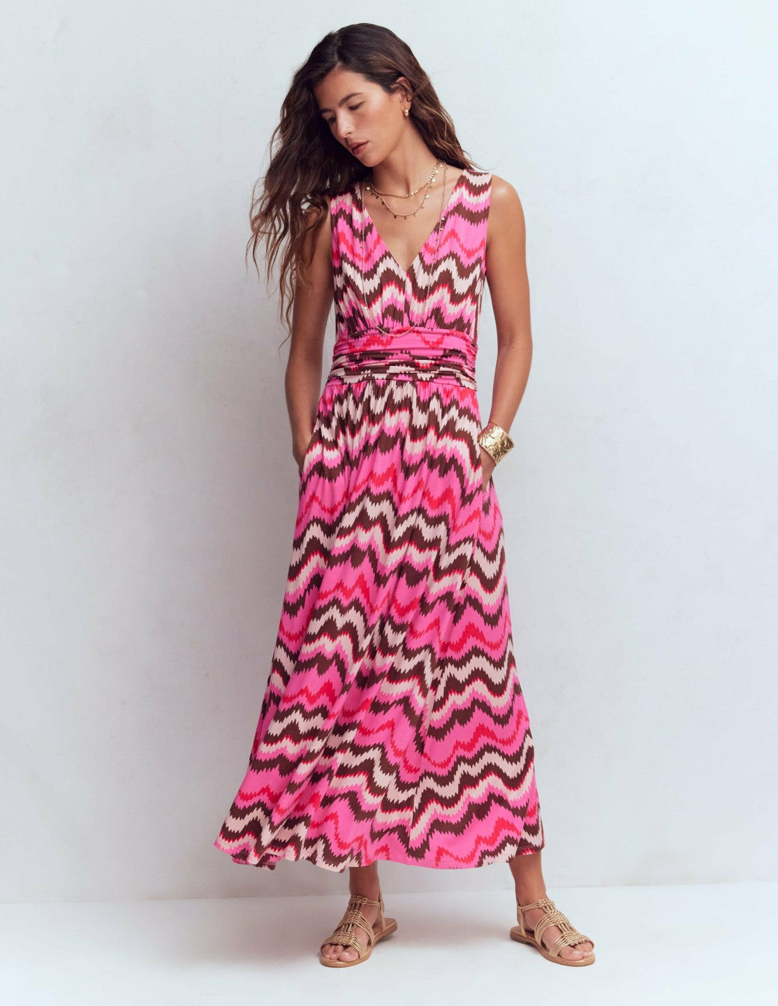 Elodie Jersey Maxi Dress-Pink Punch, Zig Zag Wave / Boden On sale