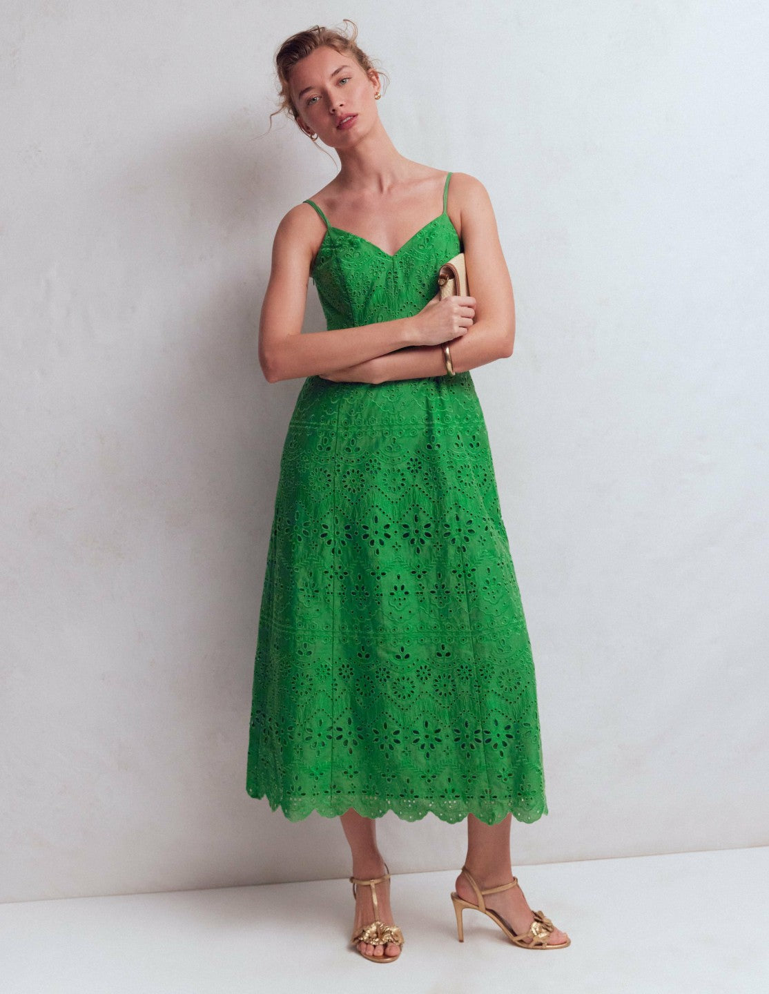 Empire Linen Broderie Dress-Rich Emerald Broderie / Boden Discount