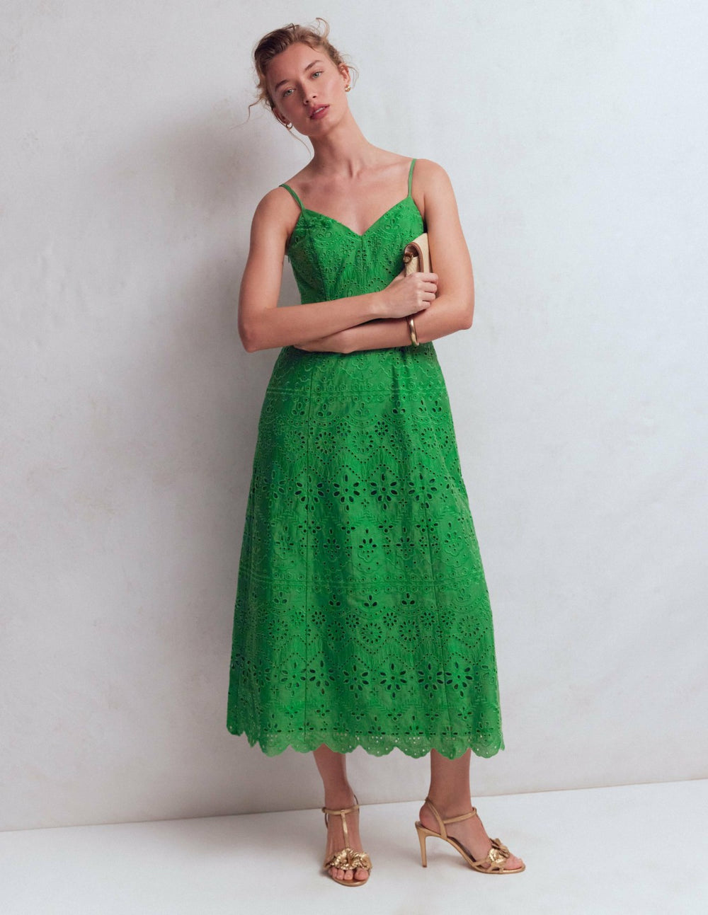 Empire Linen Broderie Dress-Rich Emerald Broderie / Boden Discount