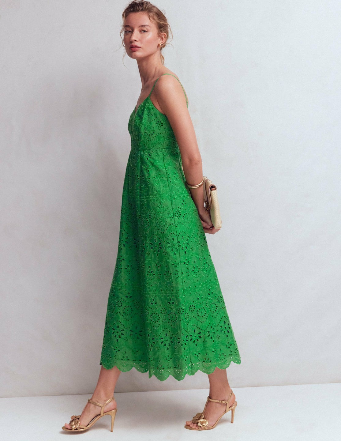 Empire Linen Broderie Dress-Rich Emerald Broderie / Boden Discount