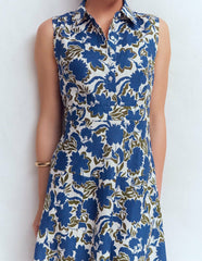 Erma Drop Waist Linen Dress-Blue Shadow Blossom / Boden Online