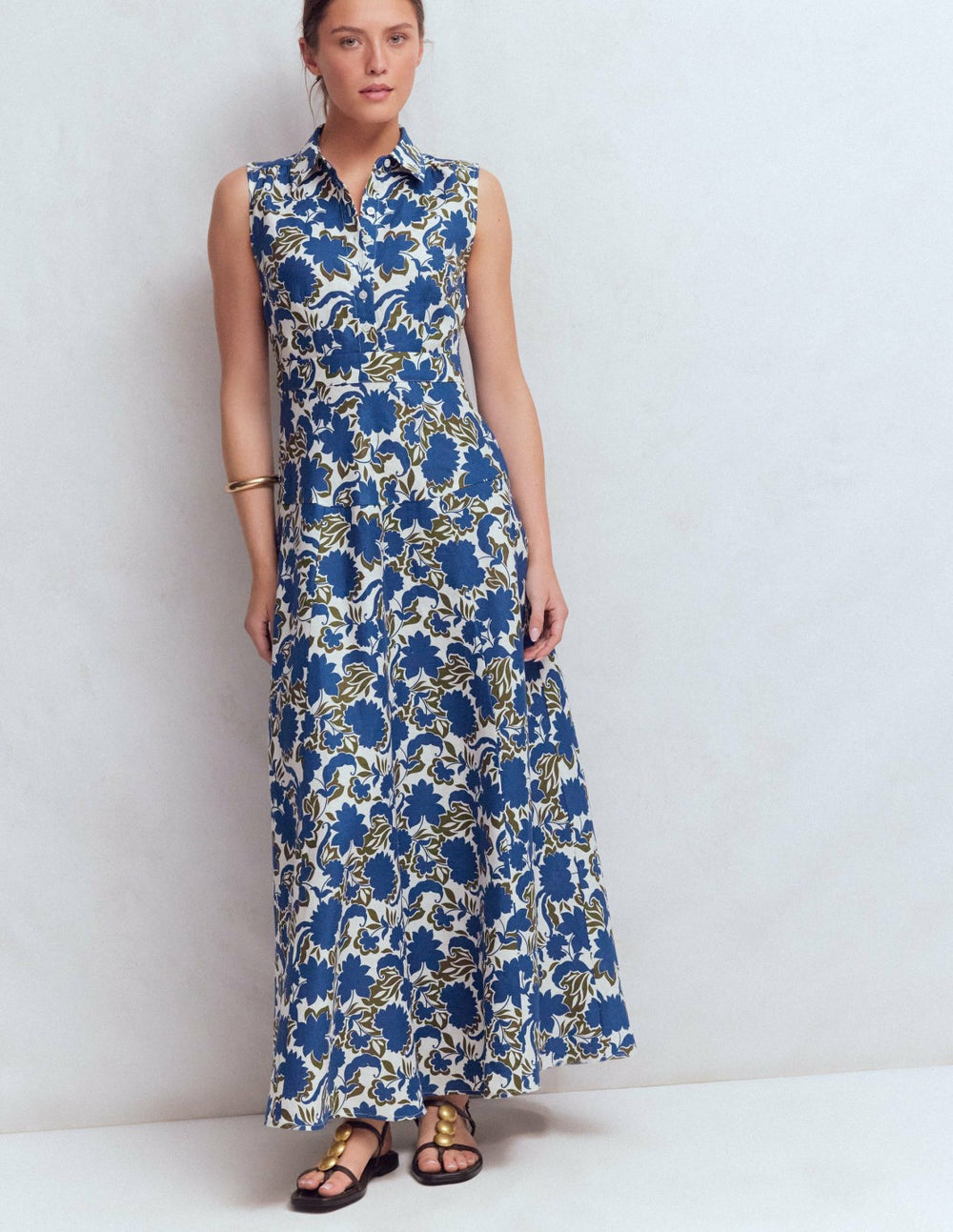 Erma Drop Waist Linen Dress-Blue Shadow Blossom / Boden Online