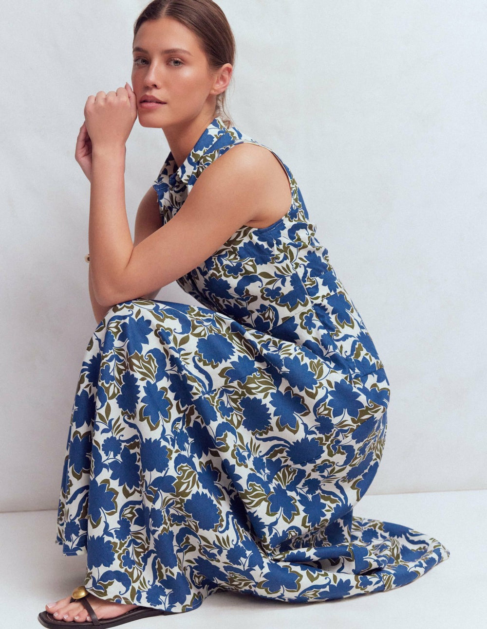 Erma Drop Waist Linen Dress-Blue Shadow Blossom / Boden Online