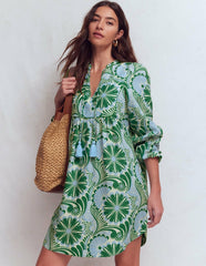 Pia Linen Yoke Tassel Dress-Blue Euphoric Garden / Boden Outlet