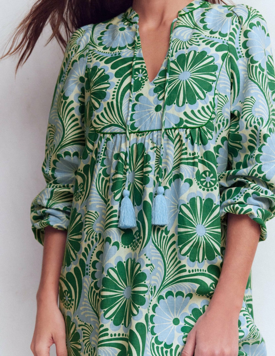 Pia Linen Yoke Tassel Dress-Blue Euphoric Garden / Boden Outlet