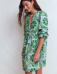Pia Linen Yoke Tassel Dress-Blue Euphoric Garden / Boden Outlet