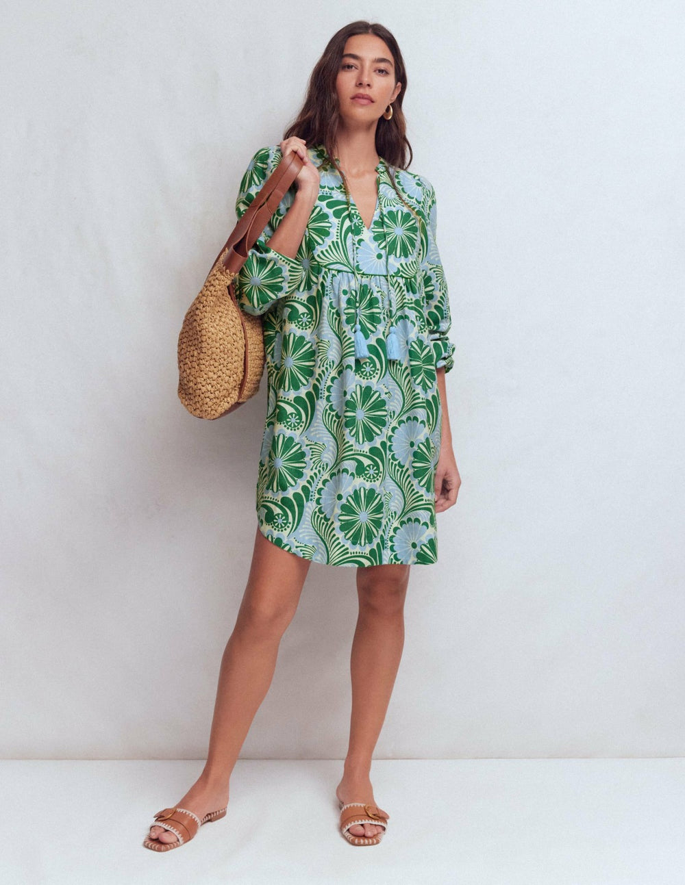 Pia Linen Yoke Tassel Dress-Blue Euphoric Garden / Boden Outlet